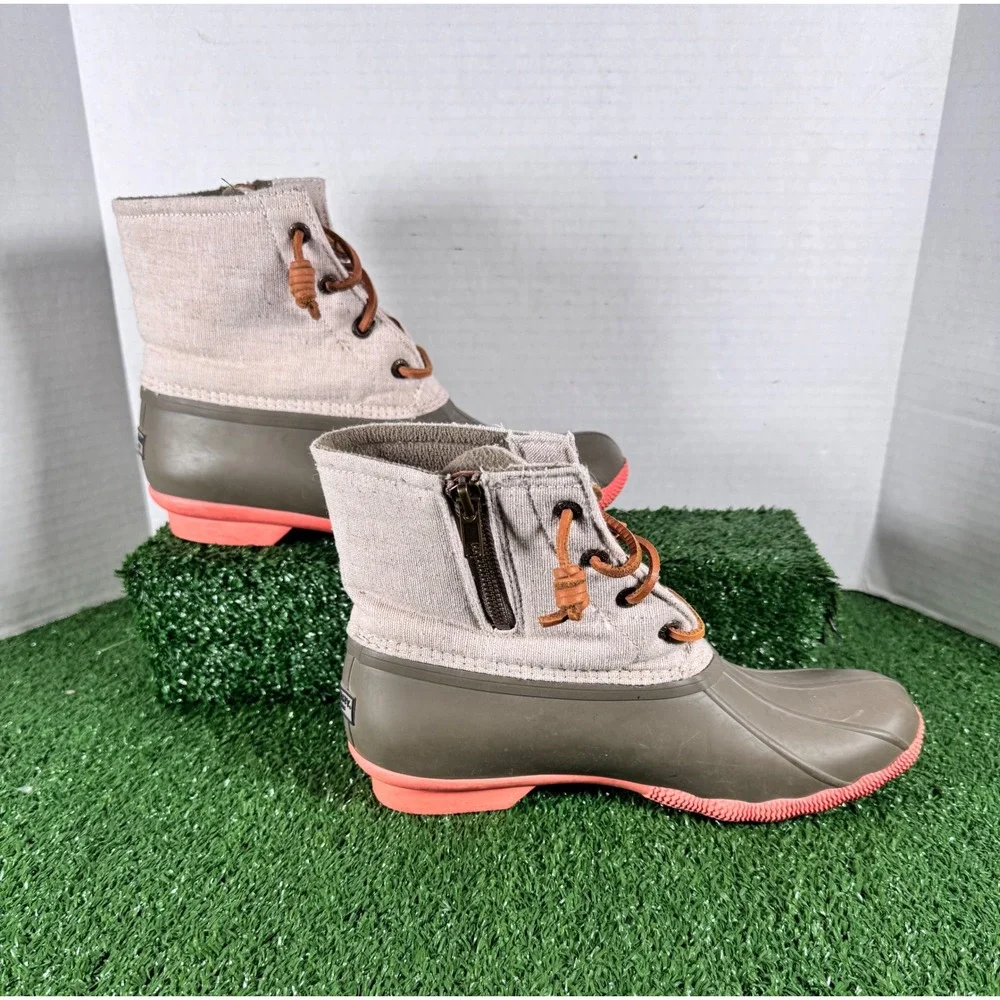 Sperry‎ Saltwater Duck Boots Womens 8.5 Olive Green Beige Canvas Coral STS95346